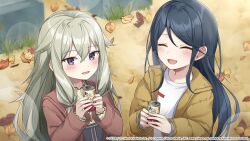  2girls :d ^_^ black_hair blurry blush bokeh brown_jacket can closed_eyes commentary_request company_name copyright_notice depth_of_field grey_hair guest_art hair_between_eyes highres holding holding_can hoshino_ichika_(project_sekai) jacket kusanagi_nene leaf looking_at_viewer low-tied_sidelocks multiple_girls noneon319 official_art project_sekai second-party_source shirt sidelocks smile tongue translation_request violet_eyes web_address white_shirt 
