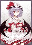  bat_wings border cup hat highres holding open_mouth purple_hair red_eyes remilia_scarlet short_hair skirt solo tamago_gohan teacup touhou wings wrist_cuffs 