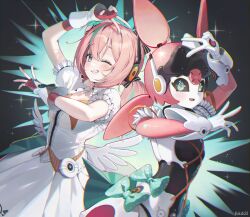  2girls absurdres aqua_bow aqua_eyes aqua_streaks aria_(zenless_zone_zero) arm_up artist_name blush bow chama_(chacoc0) chromatic_aberration commentary crossed_bangs detached_collar dress dual_persona eyelashes fingerless_gloves frilled_sleeves frills gloves grin hair_between_eyes hair_bow headgear highres looking_at_viewer multicolored_hair multiple_girls one_eye_closed open_mouth pink_gloves pink_hair polka_dot polka_dot_bow puffy_short_sleeves puffy_sleeves quad_tails robot robot_girl short_sleeves sidelocks smile sparkle streaked_hair teeth twitter_username v white_dress wing_collar zenless_zone_zero 