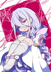  1girl boots choker closed_mouth commentary commission dress english_commentary full_body fur-trimmed_boots fur_trim hair_between_eyes half-closed_eyes hands_under_legs highres hood hood_down hooded_dress knee_boots kumo_desu_ga_nani_ka? long_hair long_sleeves looking_at_viewer pink_background pink_choker pink_eyes second-party_source shiraori shunrai smile solo spider_web_background two-tone_background white_background white_boots white_dress white_hair 