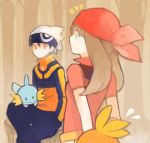  1boy 1girl bandana bandanna black_hair brown_hair drawr haruka_(pokemon) mudkip pokemon pokemon_(creature) pokemon_(game) pokemon_rse sitting torchic yayo yayo_(watankonasu) yuuki_(pokemon) 