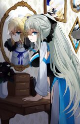  1girl aesc_(fate) aesc_(rain_witch)_(fate) aesc_(savior)_(fate) black_bow blonde_hair blue_eyes bow breasts commentary_request fate/grand_order fate_(series) hair_bow highres large_breasts long_hair looking_at_viewer ma_ple mirror morgan_le_fay_(fate) white_hair 