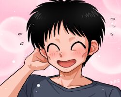  1boy ^_^ black_hair closed_eyes collarbone flying_sweatdrops gosunkugi_hikaru grey_shirt hand_up male_focus open_mouth pink_background portrait ranma_1/2 shirt short_hair smile solo wanta_(futoshi) 