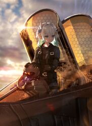  1girl absurdres advarcher aircraft airplane blue_eyes bow breasts closed_mouth commentary densetsu.exe fighter_jet flight_suit g-suit gloves gradient_hair green_hair hair_ornament helmet highres jumpsuit military_vehicle mint_fantome multicolored_hair outdoors oxygen_mask pilot pilot_helmet pointy_ears short_hair sky solo two_side_up untranslatable_commentary unworn_headwear unworn_helmet virtual_youtuber white_hair x_hair_ornament 