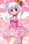  bare_shoulders bow breasts bunny_pose cleavage crown dress elbow_gloves gloves happy_new_year moribe_(rabumanyo) new_year original solo thigh-highs thighhighs white_legwear 