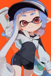  1girl bike_shorts black_shirt black_shorts blue_hair blue_hat braid closed_mouth decavitator_(splatoon) eyebrow_cut hat highres holding holding_weapon inkling inkling_girl inkling_player_character long_hair looking_at_viewer pointy_ears red_eyes sabata_saba shirt shorts shrug_(clothing) single_braid solo splatoon_(series) splatoon_3 standing tentacle_hair very_long_hair weapon white_shrug 