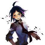  1boy ahoge black_hair blue_eyes cheren_(pokemon) holding holding_poke_ball looking_at_viewer male necktie poke_ball pokemon pokemon_(game) pokemon_bw2 short_hair simple_background solo 