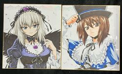  1girl adjusting_clothes adjusting_headwear black_choker black_dress black_flower black_hairband black_hat black_rose black_wings blue_dress blue_eyes brown_eyes brown_hair choker commentary_request cosplay dress flower frills girls_und_panzer gothic_lolita grey_hair hair_between_eyes hair_flower hair_ornament hairband hat highres itsumi_erika kamishima_kanon layered_sleeves lolita_fashion long_hair long_sleeves looking_at_viewer marker_(medium) neck_ribbon nishizumi_maho ouji_fashion ribbon ribbon_choker rose rozen_maiden short_hair simple_background smile solo souseiseki souseiseki_(cosplay) suigintou suigintou_(cosplay) traditional_media upper_body white_background wings 