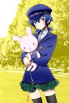  black_eyes blue_hair cabbie_hat hat machinosuke persona persona_4 shirogane_naoto short_hair skirt smile solo stuffed_animal stuffed_bunny stuffed_toy thigh-highs thighhighs 