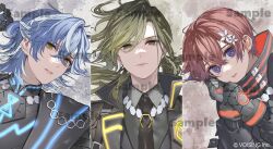  3boys black_jacket black_necktie black_shirt blue_hair braid charlo_(chrono_reverse) chrono_reverse closed_mouth coe._(starlight_polaris) collared_shirt column_lineup commentary_request copyright_notice crossed_bangs curtained_hair earrings flower green_eyes green_hair grey_shirt hair_between_eyes hair_flower hair_ornament half_up_braid half_updo high_collar highres ireisu jacket jewelry long_hair long_sleeves looking_at_viewer low_ponytail luka_ooooo lying male_focus mandarin_collar mechanical_arms medium_hair multicolored_hair multiple_boys necktie neon_trim official_art on_side parted_lips ponytail portrait red_hair sample_watermark serious shirt short_hair side_braid splatter_background starlight_polaris streaked_hair utaite violet_eyes watermark white_flower white_streaks yusuke_(ireisu) 