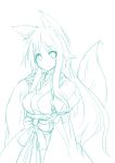  animal_ears breasts copyright_request fox_ears fox_tail long_hair looking_at_viewer monochrome smile solo tail very_long_hair yu-ves 