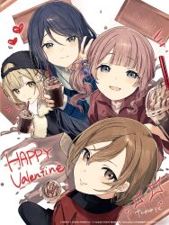 4girls absurdres azusawa_kohane backwards_hat black_hair black_hat blonde_hair blush brown_eyes brown_hair chocolate commentary_request company_name copyright_notice cream drink drinking_straw grey_eyes guest_art hair_ornament hair_scrunchie happy_valentine hat heart highres holding holding_drink hoshino_ichika_(project_sekai) looking_at_viewer meiko_(vocaloid) mochizuki_honami multiple_girls official_art project_sekai purple_scrunchie scrunchie second-party_source side_ponytail signature sparkle takaya_riku valentine vocaloid web_address 