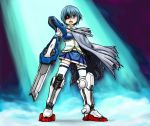  blue_eyes blue_hair broken_sword cape exia gloves glowing glowing_eye gundam gundam_00 magical_girl mahou_shoujo_madoka_magica mecha_musume miki_sayaka parody short_hair solo soul_gem sword thigh-highs thighhighs weapon zettai_ryouiki 