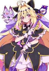  1girl antenna_hair black_bow black_bowtie black_capelet black_dress black_thighhighs blonde_hair bow bowtie braid brooch capelet closed_mouth commentary cowboy_shot crown_braid cure_arcana_shadow diamond_hairband dress earrings frilled_capelet frilled_cuffs frilled_dress frills frown gradient_hair hair_bow hair_intakes heart heart_brooch highres holding holding_staff jewelry layered_dress long_hair looking_at_viewer magical_girl mashu-tan medium_dress meitantei_precure! moria_luluka multicolored_hair precure purple_veil simple_background solo staff standing tear_arcana_rod thigh-highs usoco veil very_long_hair violet_eyes white_background 