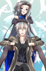  1boy 1girl blue_dress carrying coat commentary couple crow_armbrust dress eiyuu_densetsu english_commentary grey_coat highres long_hair looking_at_viewer mole mole_under_eye mullet red_eyes sen_no_kiseki_(series) sen_no_kiseki_iv shoulder_carry simple_background spirit_rise thigh-highs violet_eyes vita_clotilde white_hair 
