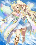  angel angel_wings bad_id bare_shoulders blonde_hair brown_eyes cloud clouds detached_sleeves flying halo long_hair open_mouth original rainbow_order shiawase_usagi side_ponytail sky solo sparkle wings 