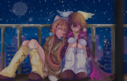  2girls alternate_costume black_hair blue_eyes bow brown_hair brown_shoes closed_eyes closed_mouth columbina_(genshin_impact) commentary english_commentary eye_mask genshin_impact gloves hair_ornament hair_ribbon hat head_on_another's_shoulder head_wings highres jacket kitsunetenma long_hair long_sleeves mask multicolored_hair multiple_girls night purple_hair purple_streaks ribbon sandrone_(genshin_impact) shoes short_hair_with_long_locks sitting smile snowing socks streaked_hair two-tone_hair very_long_hair white_gloves white_hat white_socks white_wings wing_hair_ornament wings winter yellow_jacket yellow_socks 