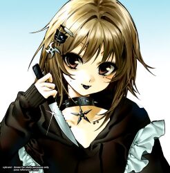 1girl black_lips brown_eyes brown_hair check_copyright collar copyright_request frills hair_ornament hairclip highres holding jewelry looking_at_viewer original portrait rumi_(cytrumi) shuriken_necklace simple_background solo spiked_collar spikes 