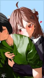  1boy 1girl absurdres ahoge black_cardigan black_hair blue_background border broken_heart broken_heart_hair_ornament cardigan closed_eyes closed_mouth collared_shirt commentary english_commentary evil_neuro-sama green_hoodie hair_between_eyes hair_ornament hair_ribbon heart heart_hair_ornament highres hood hoodie hug hug_from_behind long_hair long_sleeves off-shoulder_cardigan personification red_eyes red_ribbon ribbon shirt short_hair signature simple_background skull_hair_ornament smile two_side_up upper_body vedal987 vedal_ai vian_b virtual_youtuber white_shirt 