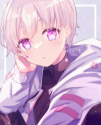 1other :/ artist_self-insert black_pants black_sweater blush closed_mouth commentary_request double-parted_bangs elbow_on_knee expressionless eyes_visible_through_hair film_grain floral_print floral_print_jacket flower-shaped_pupils grey_background grey_hair hair_behind_ear hair_between_eyes hand_on_own_cheek hand_on_own_face hand_up head_tilt highres hood hood_down hooded_jacket inset_border inverted_eyelashes jacket knee_up lips long_sleeves nail_polish open_clothes open_jacket original other_focus pants pink_eyes pixie_cut puffy_long_sleeves puffy_sleeves purple_nails short_hair sidelighting signature simple_background sitting solo sparkle sweater symbol-shaped_pupils tsukizuumi turtleneck turtleneck_sweater upper_body very_short_hair white_jacket 
