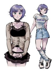  1girl absurdres black_choker black_skirt blue_skirt blush breasts choker closed_mouth collarbone commentary denim denim_skirt english_commentary freckles full_body green_eyes hair_ornament heidi_(heytherenrds) highres long_sleeves looking_at_viewer medium_breasts navel original purple_hair shirt shoes short_hair short_sleeves skirt smile socks solo t-shirt white_shirt white_shoes white_socks x_hair_ornament 