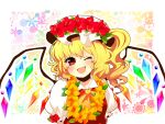  ascot blonde_hair blush fang flandre_scarlet floral_background flower flower_necklace hat hat_flower head_wreath kirara310 open_mouth red_eyes short_hair side_ponytail smile solo touhou wings wink wreath 