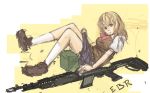  1girl ammo_box battle_rifle blonde_hair blue_eyes bowtie breasts gun highres m14 m14_(upotte!!) mk_14_mod_0_ebr pan!ies rifle skirt skirt_tug socks solo sweater_vest upotte!! weapon 