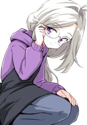  1girl adjusting_eyewear antenna_hair apron black_apron closed_mouth commentary denim disguise grey_hair grey_pants hair_intakes hands_on_own_knee highres hood hood_down hoodie jeans leaning_forward long_hair long_sleeves looking_at_viewer meitantei_precure! moria_luluka official_alternate_costume pants precure purple_hoodie rimless_eyewear simple_background smile solo squatting uraki white_background 