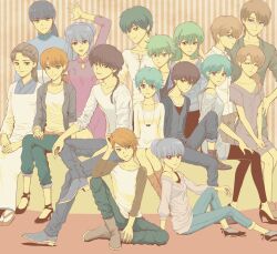  6+boys 6+girls ^_^ arm_up belt black_hair black_pants blue_eyes blue_hair blue_pants blue_shirt blue_sweater braid brown_belt brown_hair character_request check_character closed_eyes closed_mouth commentary_request double_bun everyone glasses green_hair grey_jacket grey_shirt group_picture hair_bun hibiki_ryouga if_they_mated jacket kuonji_ukyou low_ponytail low_side_ponytail mousse_(ranma_1/2) multicolored_hair multiple_boys multiple_girls ono_toufuu orange_eyes orange_hair pants pink_streaks ponytail purple_hair purple_sweater ranma_1/2 saotome_ranma shampoo_(ranma_1/2) shirt short_hair side_ponytail single_braid smile streaked_hair sweater tendou_akane tendou_kasumi unryuu_akari uzuki_saku violet_eyes white_shirt 