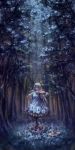  blonde_hair blue closed_eyes eyes_closed flower forest hat highres instrument long_hair nature night original petticoat scarecrow smile solo torn_clothes tree vines violin windyakuma 