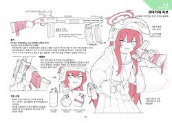  1girl absurdres altyn_helmet bandage_on_cheek blue_archive combat_helmet commentary explosive fingerless_gloves flukhan gloves grenade gun hair_between_eyes halo helmet highres holding holding_gun holding_weapon information_sheet korean_text long_hair long_sleeves looking_at_viewer mossberg_590 multiple_views open_mouth pump_action rabu_(blue_archive) red_eyes red_hair red_halo reference_inset reloading school_uniform sharp_teeth shotgun simple_background solo stun_grenade tactical_school_uniform teeth translation_request very_long_hair weapon weapon_focus white_background 