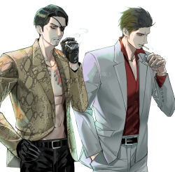  2boys beard black_hair cheekbones cigarette curtained_hair eyepatch eyeshadow facial_hair gloves goatee hand_on_own_hip holding holding_cigarette irezumi jacket kiryu_kazuma leather leather_gloves leather_pants majima_goro makeup male_focus multiple_boys one-eyed open_clothes open_jacket pants popped_collar rrrr0000_0 ryuu_ga_gotoku_(series) ryuu_ga_gotoku_1 snake_print snakeskin tattoo v-neck watermark 