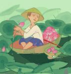  1boy beso boat cultural drawr flower green hat lily_pad lotad male nature plant pokemon rice_hat river sitting straw_hat swimming traditional_clothes water 
