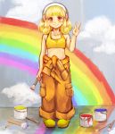  bare_shoulders blonde_hair blush cloud clouds crop_top hairband holding jumpsuit kise_yayoi midriff miku_(mitty39) paint paintbrush painting pants precure short_hair smile smile_precure! solo tank_top v wall yellow_eyes 