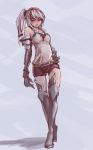  absurdres armor bare_shoulders boots copyright_request crossed_legs_(standing) fang gauntlets hand_on_hip highres hips long_dress red_eyes riftgarret scrunchie short_shorts shorts side_ponytail solo tank_top thigh-highs thigh_boots thighhighs 