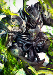  1boy armor commentary_request dual_wielding fake_horns fate/grand_order fate_(series) fire full_armor green_eyes green_fire hattori_takeo_(fate) helmet holding holding_sword holding_weapon horned_helmet horns japanese_armor japanese_clothes k-suwabe male_focus mask rope_belt solo sword weapon 