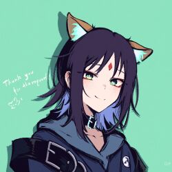  1girl absurdres animal_ears black_choker blue_hoodie blush cho_kaguya-hime! choker closed_mouth commentary english_commentary english_text forehead_jewel fox_ears fox_girl green_background green_eyes highres hood hood_down hoodie looking_at_viewer medium_hair rnna sakayori_iroha simple_background solo upper_body 