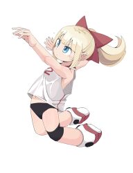  1girl absurdres black_sports_panties blonde_hair blue_eyes blunt_bangs breasts closed_mouth copyright_request dot_nose from_side hair_ribbon highres jumping legband looking_ahead midriff_peek navel_peek outstretched_arm ponytail ribbon shirt sidelocks simple_background sleeveless sleeveless_shirt slyger_ex small_breasts solo sports_panties sweatdrop volleyball white_background white_shirt 