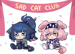  2girls animal_ears arknights arm_support blue_hair bow braid cat_ears cat_girl cat_tail chibi chibi_only commentary confetti english_commentary english_text goldenglow_(arknights) green_eyes hair_between_eyes headphones headset highres hood hood_down jessica_(arknights) multiple_girls orange_eyes pink_hair ponytail sad sharktuna sitting tail tearing_up wavy_mouth 