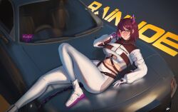 1girl absurdres akireimiki black_hair bodysuit breasts car demon_girl demon_horns glasses gloves highres horns indie_virtual_youtuber looking_at_viewer mechanical_tail motor_vehicle multicolored_hair purple_hair purple_streaks rainhoe short_hair streaked_hair tail under_boob virtual_youtuber yellow_eyes 