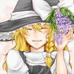  blonde_hair blush bow braid closed_eyes dress eyes_closed face flower fuji_tsugu hair_bow hat hat_bow kirisame_marisa long_hair lowres side_braid smile solo touhou wisteria witch witch_hat 