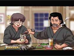  2boys ^_^ alcohol beer black_hair blurry blurry_background bottle brown_hair closed_eyes collarbone cup facial_hair flying_sweatdrops food_request holding holding_bottle indoors long_hair low_ponytail mature_male multiple_boys mustache ono_toufuu pectoral_cleavage pectorals ponytail pouring ranma_1/2 short_hair smoking tendou_souun upper_body wanta_(futoshi) 