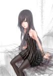  arm_support bare_shoulders beshi_(sinnkured) black_dress black_hair dress hair_over_one_eye halterneck highres ikezawa_hanako katawa_shoujo long_hair pantyhose scar sitting solo 