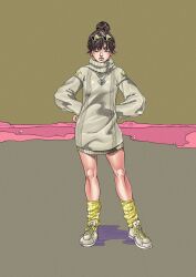  1girl absurdres araki_hirohiko_(style) brown_hair commentary_request earrings eyewear_on_head heart heart_necklace heart_print highres jewelry jojo_no_kimyou_na_bouken necklace peace_symbol saradaver shizuka_joestar short_hair socks solo stud_earrings sunglasses yellow_socks 