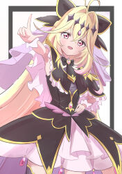  1girl absurdres antenna_hair black_border black_bow black_bowtie black_capelet black_dress blonde_hair blush border bow bowtie braid brooch capelet commentary crown_braid cure_arcana_shadow diamond_hairband dress frilled_capelet frilled_cuffs frilled_dress frills gradient_hair hair_bow hair_intakes hand_on_own_hip head_tilt heart heart_brooch highres jewelry layered_dress long_hair looking_at_viewer magical_girl medium_dress meitantei_precure! moria_luluka multicolored_hair open_mouth pointing pointing_at_viewer precure purple_veil purple_wrist_cuffs rono_(lethys) smile solo standing veil very_long_hair violet_eyes wrist_cuffs 
