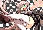  ahoge ass blush_stickers checkered checkered_background checkered_skirt from_below green_eyes haiyore!_nyaruko-san highres huge_ahoge long_hair muramasa_mikado nyarlathotep_(nyaruko-san) open_mouth silver_hair skirt solo thigh-highs thighhighs 