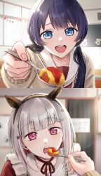  2girls :d animal_ear_hairband animal_ears blue_eyes brown_cardigan brown_dress brown_hairband cardigan choker collarbone colored_inner_hair commentary_request dollchestra dress fake_animal_ears feeding food fried_rice grey_hair hairband hasu_no_sora_school_uniform highres holding holding_spoon incoming_food long_sleeves love_live! love_live!_hasu_no_sora_jogakuin_school_idol_club low_twintails maid mole mole_on_neck multicolored_hair multiple_girls multiple_pov murano_sayaka neckerchief omelet omurice open_cardigan open_clothes open_mouth pink_eyes pov red_dress red_hair red_neckerchief red_ribbon red_streaks ribbon ribbon_choker sailor_collar sailor_dress school_uniform short_hair smile spoon streaked_hair suito teeth twintails upper_teeth_only virtual_youtuber white_sailor_collar winter_uniform yugiri_tsuzuri 