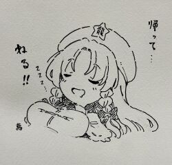  1girl bow braid breasts closed_eyes commentary_request drooling facing_viewer greyscale hair_bow hat hat_ornament highres hong_meiling large_breasts long_hair monochrome mouth_drool open_mouth shirt sleeping smile solo star_(symbol) star_hat_ornament tanasuke touhou translation_request twin_braids vest zzz 