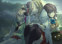  1other 3girls absurdres ahoge aoi_erika blonde_hair blue_bow blue_bowtie bow bowtie brown_hair closed_mouth coat fur_coat grey_hair hairband heaven_burns_red highres minase_ichigo minase_sumomo multiple_girls narby_(heaven_burns_red) no53_(pixiv_77486930) on_ground open_clothes open_coat sailor_collar short_hair sleeping sleeping_on_person slime_(creature) 