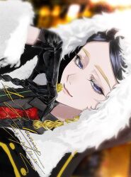  1boy black_gloves black_hair black_shirt blonde_hair braid closed_mouth coin collared_shirt fur-trimmed_hood fur_trim gloves gold_coin haitani_ran holding holding_coin hood long_hair long_sleeves lu_lamup male_focus multicolored_hair necktie red_necktie shirt smile streaked_hair tokyo_revengers tokyo_revengers_pazuribe! twin_braids two-tone_hair violet_eyes 